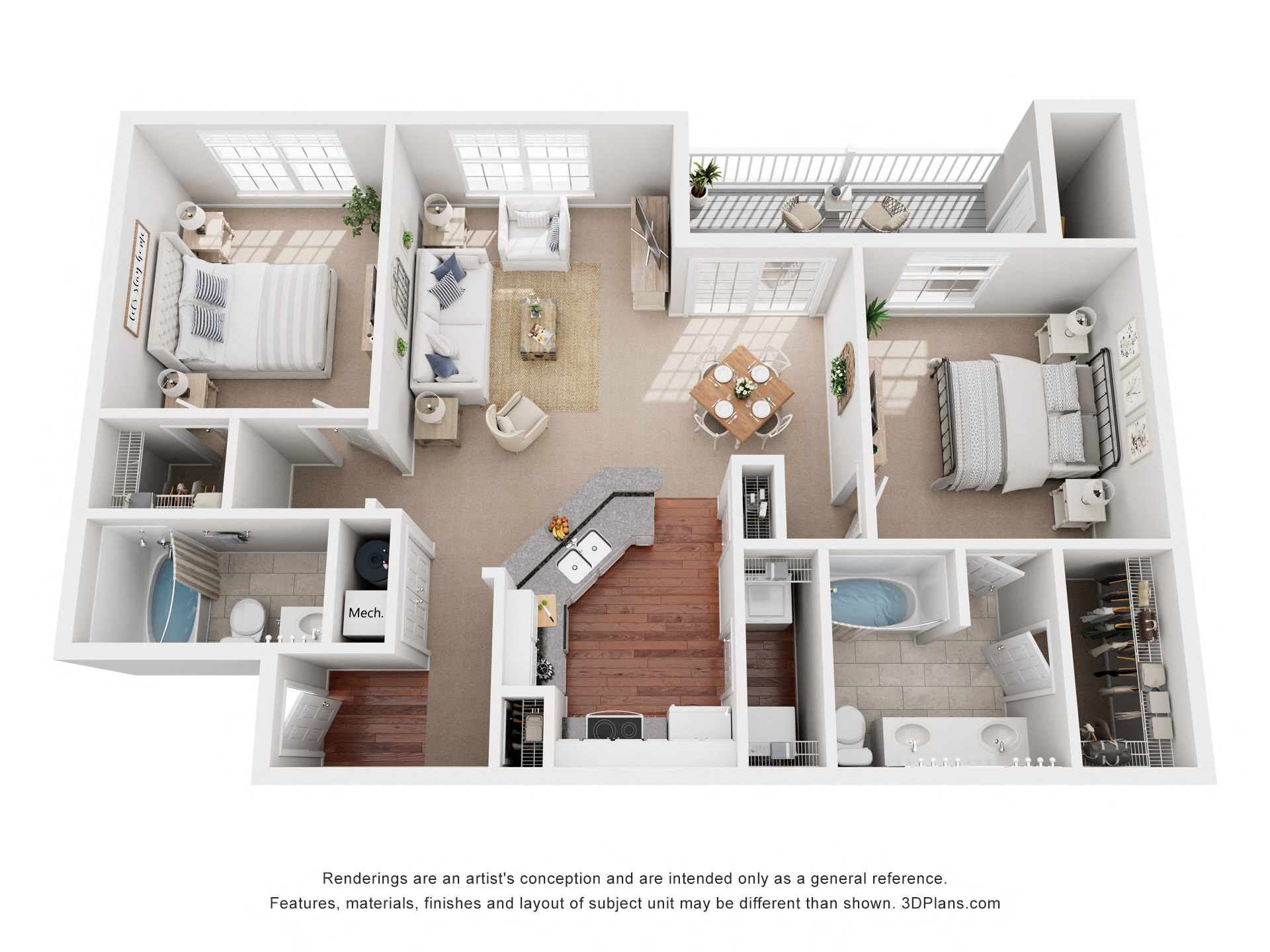 Floor plan for 2 beds, 2 baths, 1048 sqft
